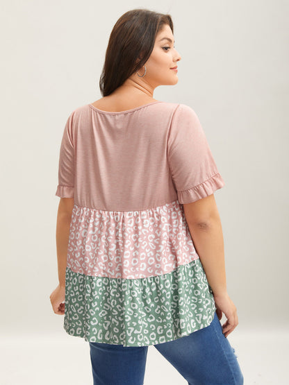 Spliced Printed Tiered Ruffled Sleeve T-Shirt