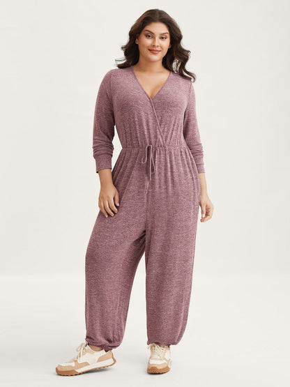 Elastic Waist Overlap Collar Lounge Jumpsuit