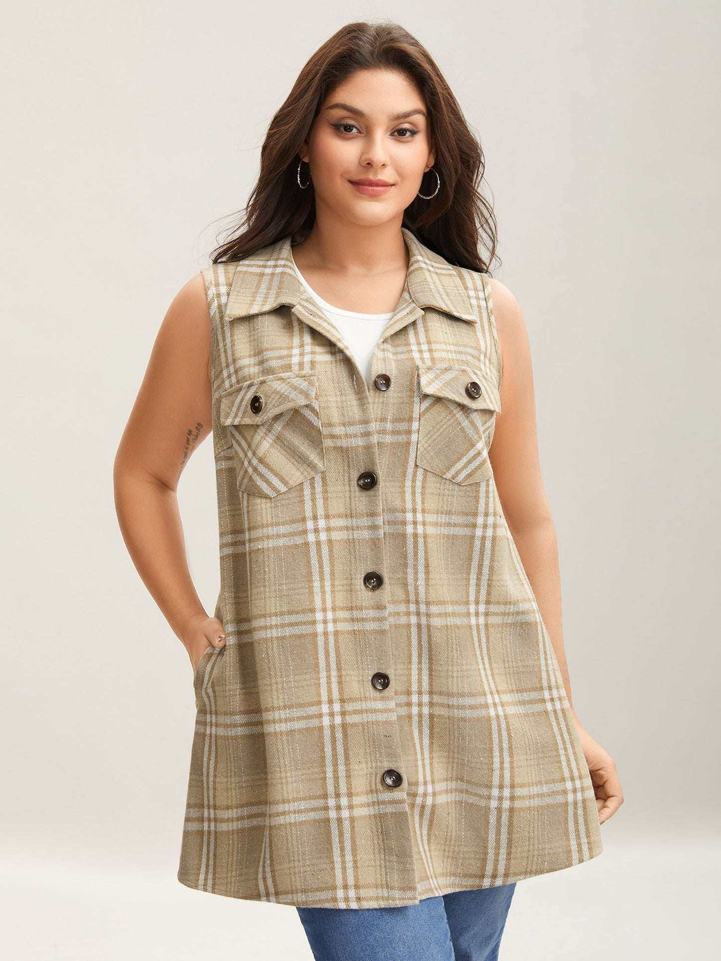 Plaid Flap Detail Sleeveless Jacket