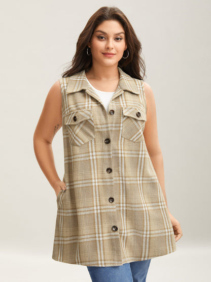 Plaid Flap Detail Sleeveless Jacket