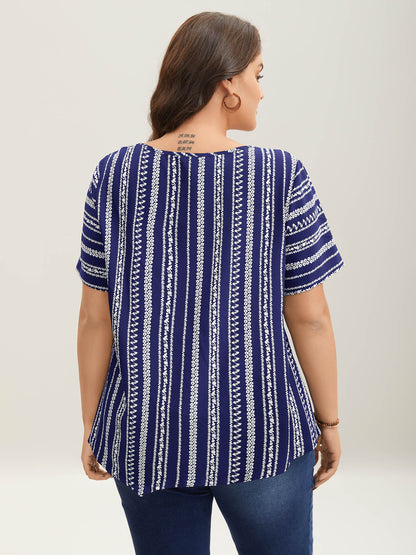 Striped Overlap Print Curvy Hem Blouse