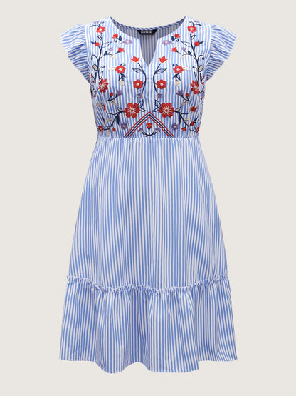 Floral Embroidery Stripes Flutter Midi Dress