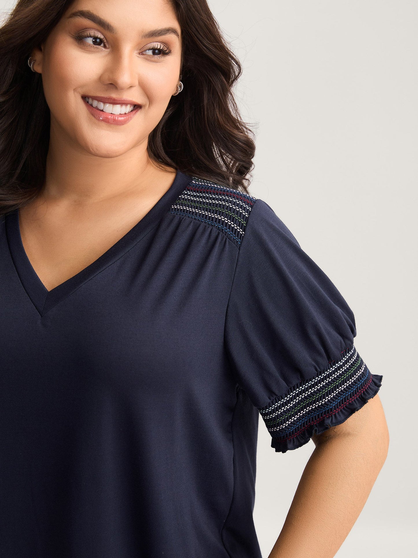 Stretchy Colorful Spliced Shirred T-Shirt