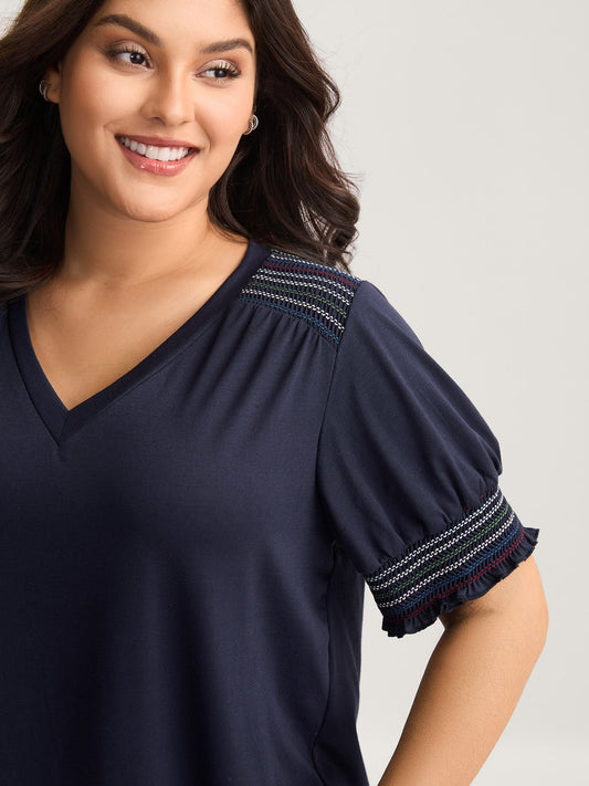 Stretchy Colorful Spliced Shirred T-Shirt