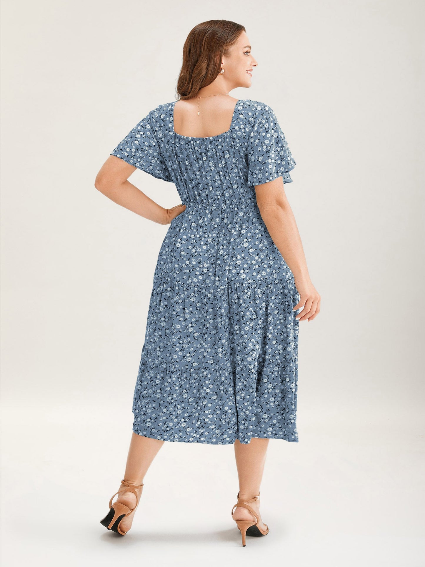 Ditsy Floral Sweetheart Drawstring Pocket Tiered Dress