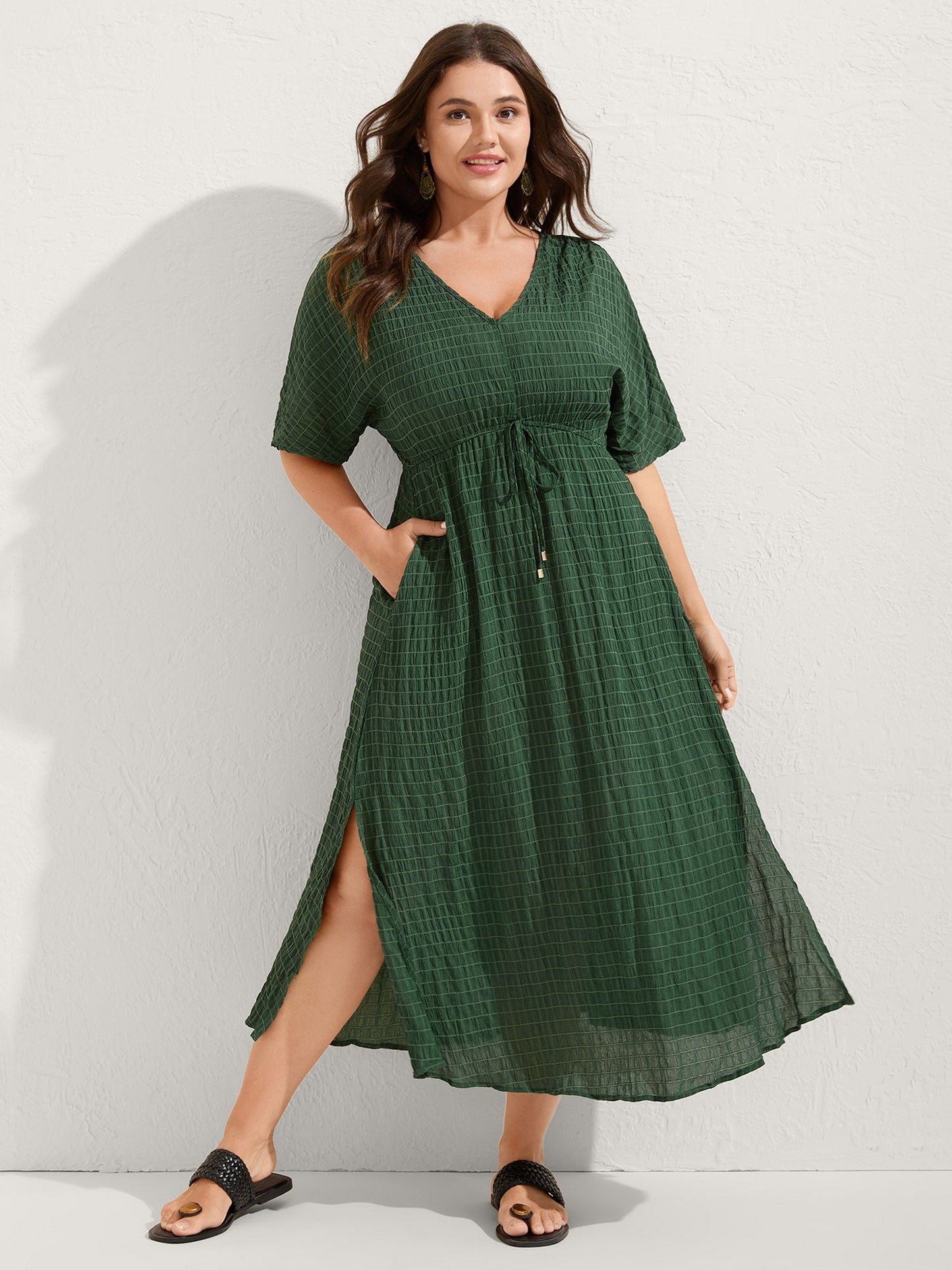 Textured Split Hem Waist-Tie Maxi Dress