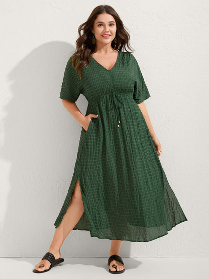 Textured Split Hem Waist-Tie Maxi Dress