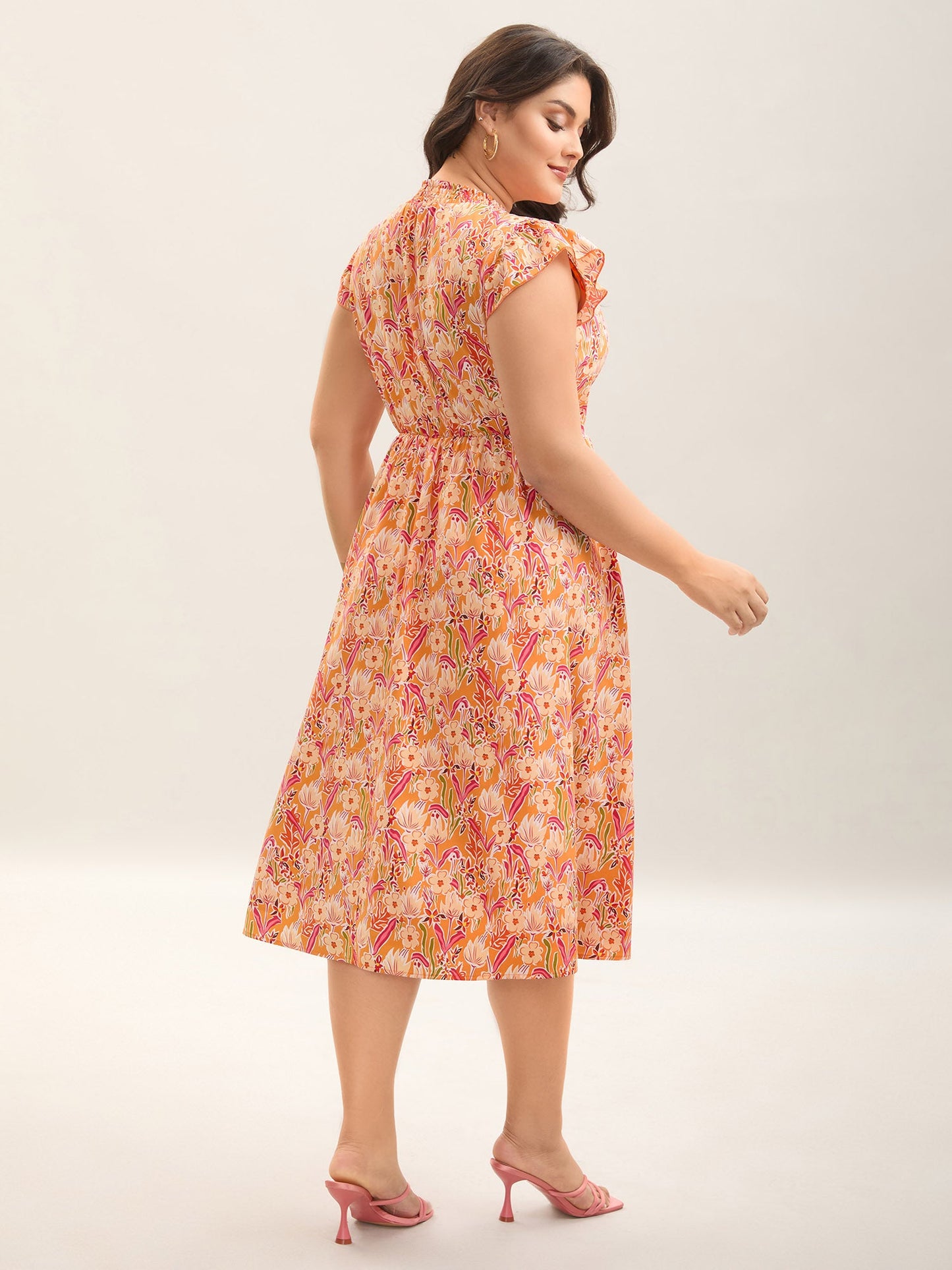 Floral Print Shirred Pockets Midi Dress