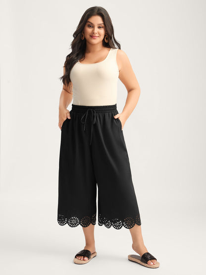 Scalloped Hem Laser Cut Wide-Leg Pants