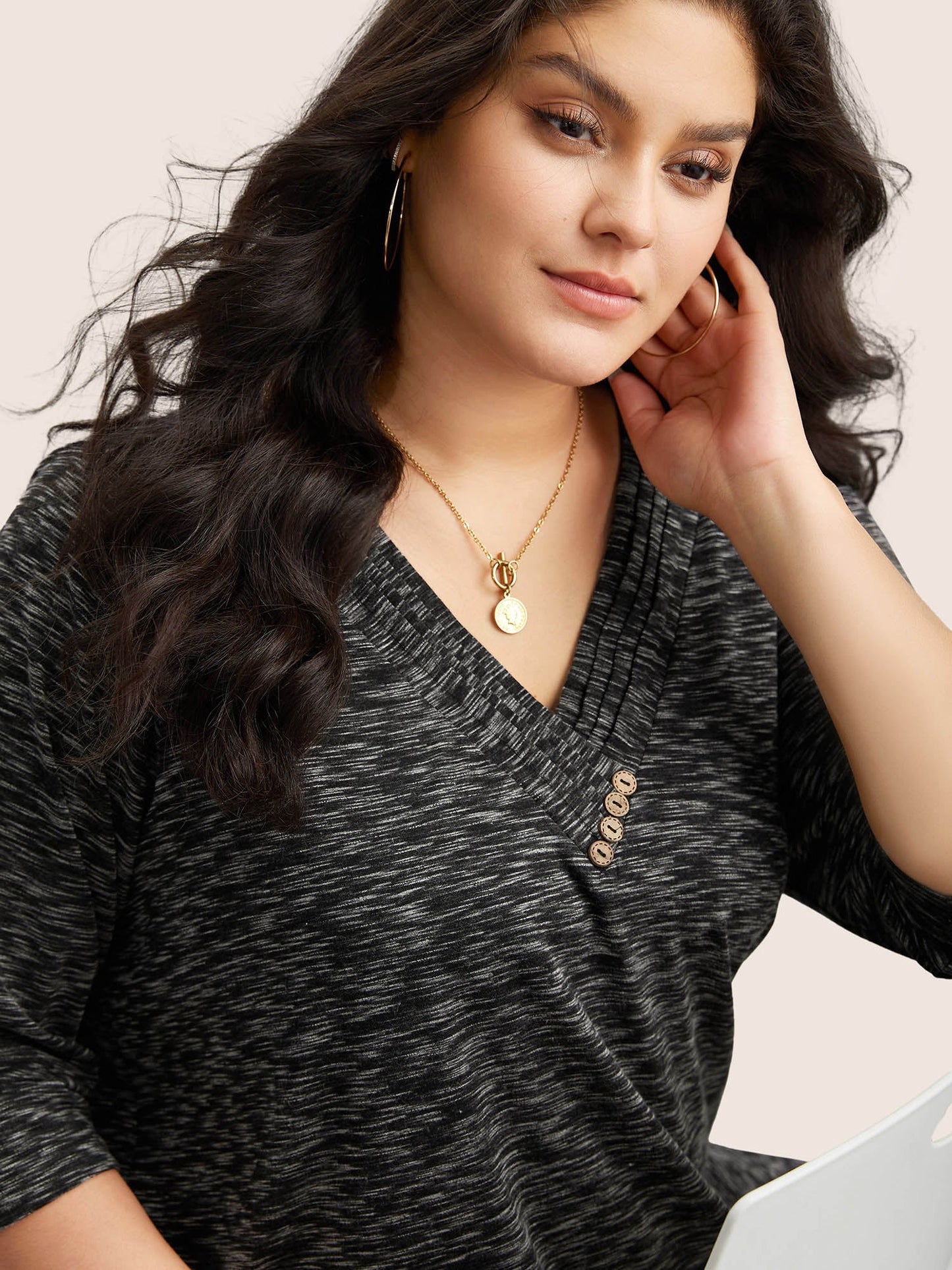 Heather Pleated Button Detail T-shirt