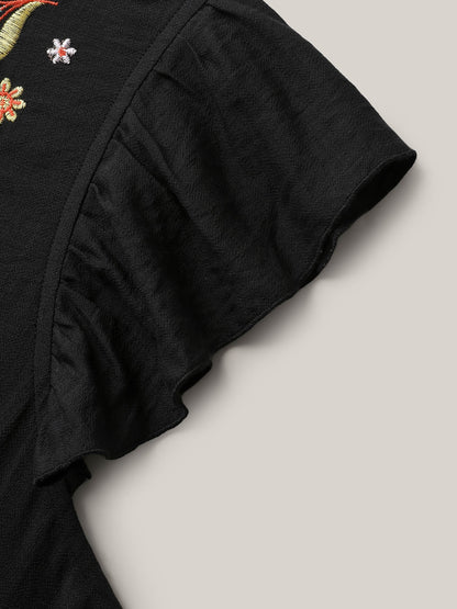 Floral Embroidered Notched Collar Midi Dress