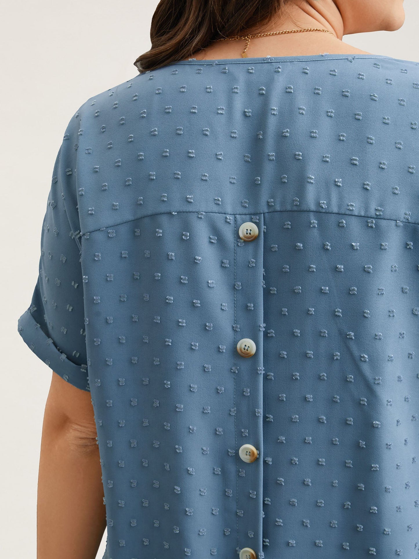 Back-Button Textured V-Neck Shirt