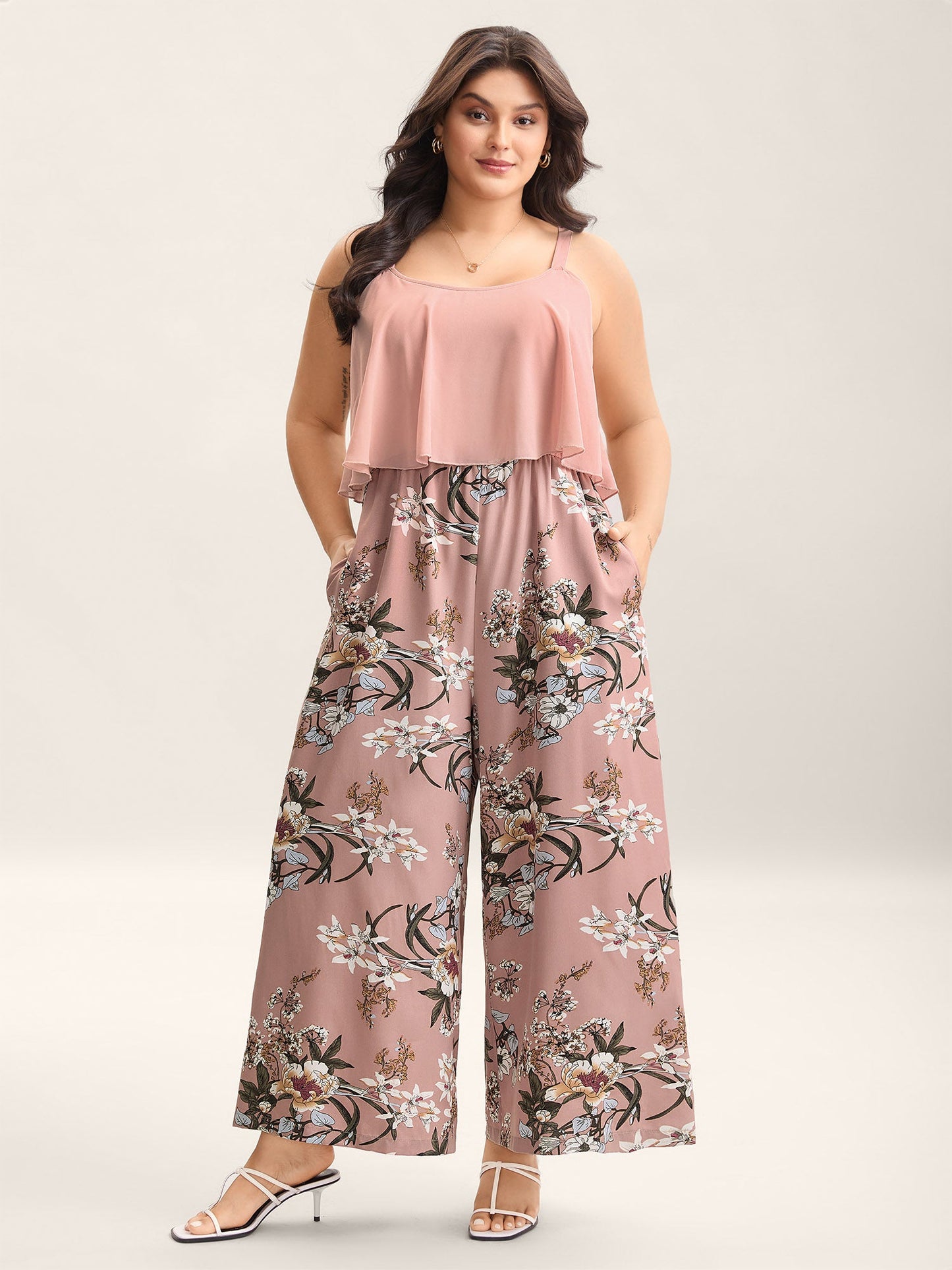 Large Flower Print Spliced Wide-Leg Jumpsuit