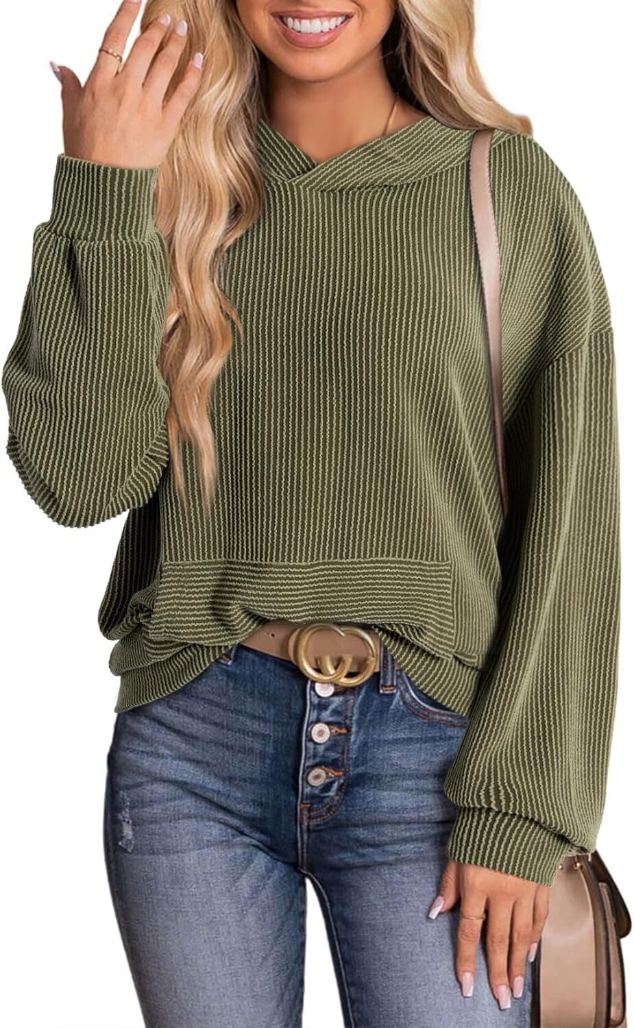 Women's Pullover Hoodies Sweatshirts Casual Loose Long Sleeve Ribbed Knit Shirts