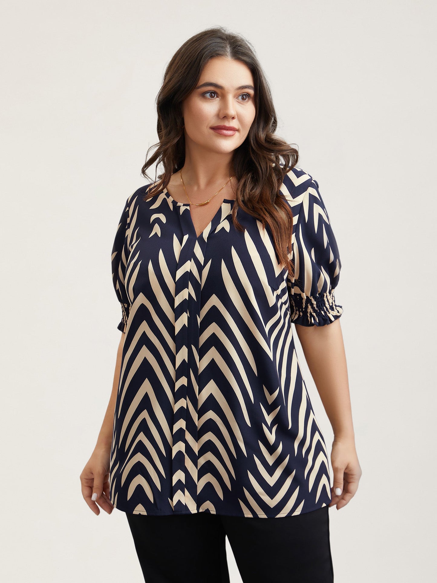 Geometric Print Ruffled Shirred Shirt
