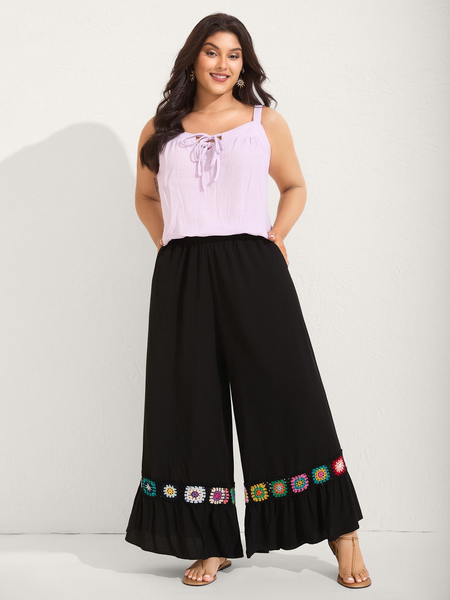 Stretchy Waist Crochet Floral Wide-Leg Pants