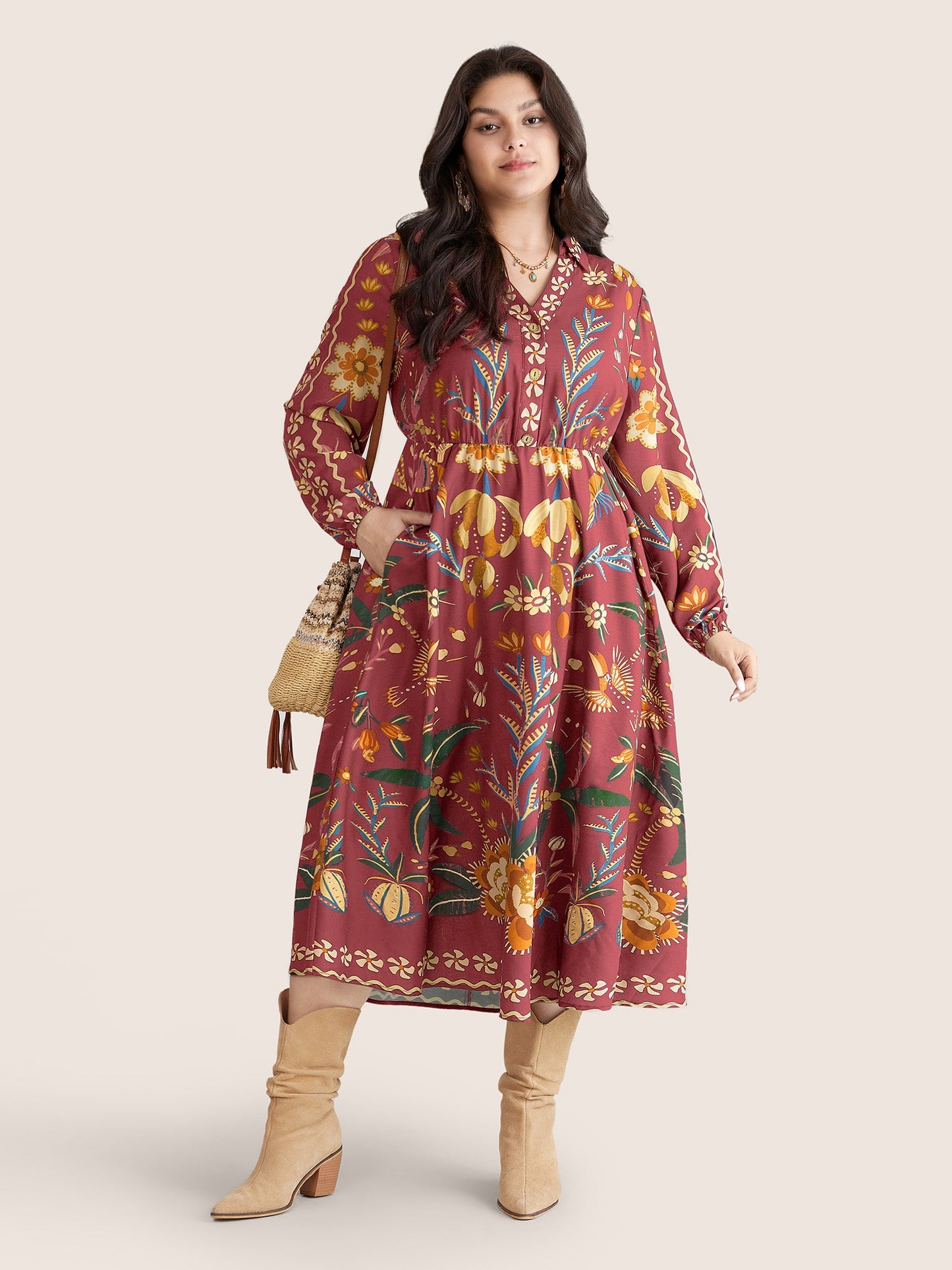 Bandana Print Pocket Lapel Collar Elastic Cuffs Dress