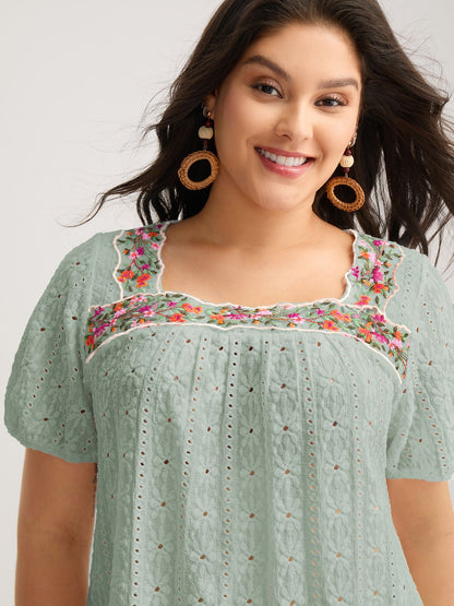 Eyelet Trim Floral Embroidered Solid T-Shirt