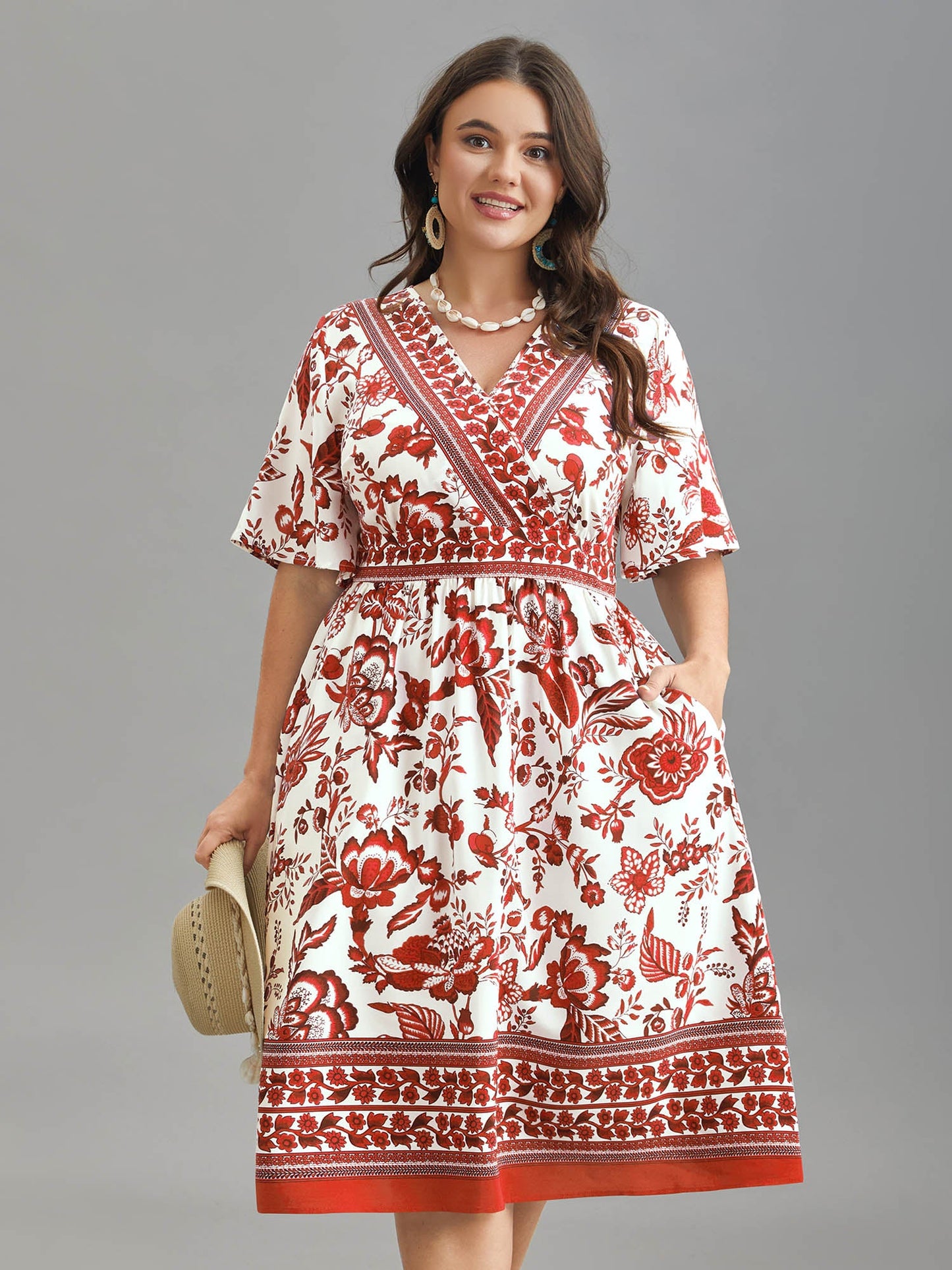 Floral Print Wrap-Neck Pocket Midi Dress