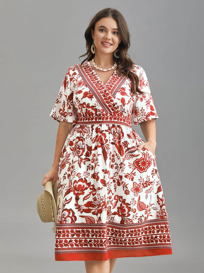 Floral Print Wrap-Neck Pocket Midi Dress