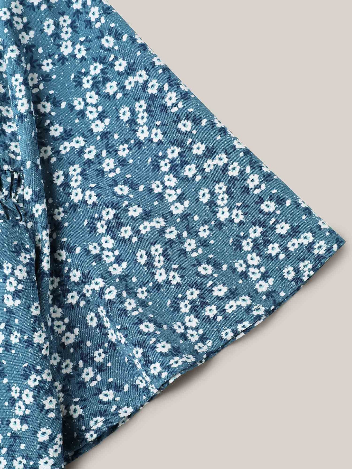 Floral Ruffle Sleeve Gathered Round Neck Blouse