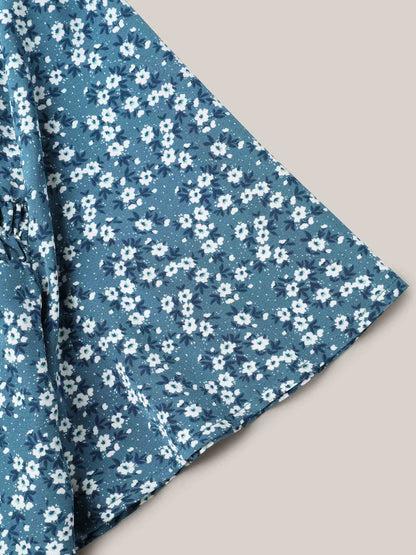 Floral Ruffle Sleeve Gathered Round Neck Blouse