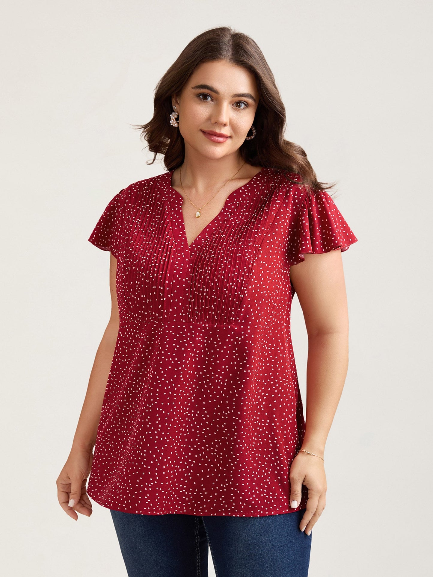 Polka Dot Print Toothpick Pleat Blouse
