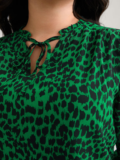 Leopard Print Tie Knot Lantern Sleeve Blouse