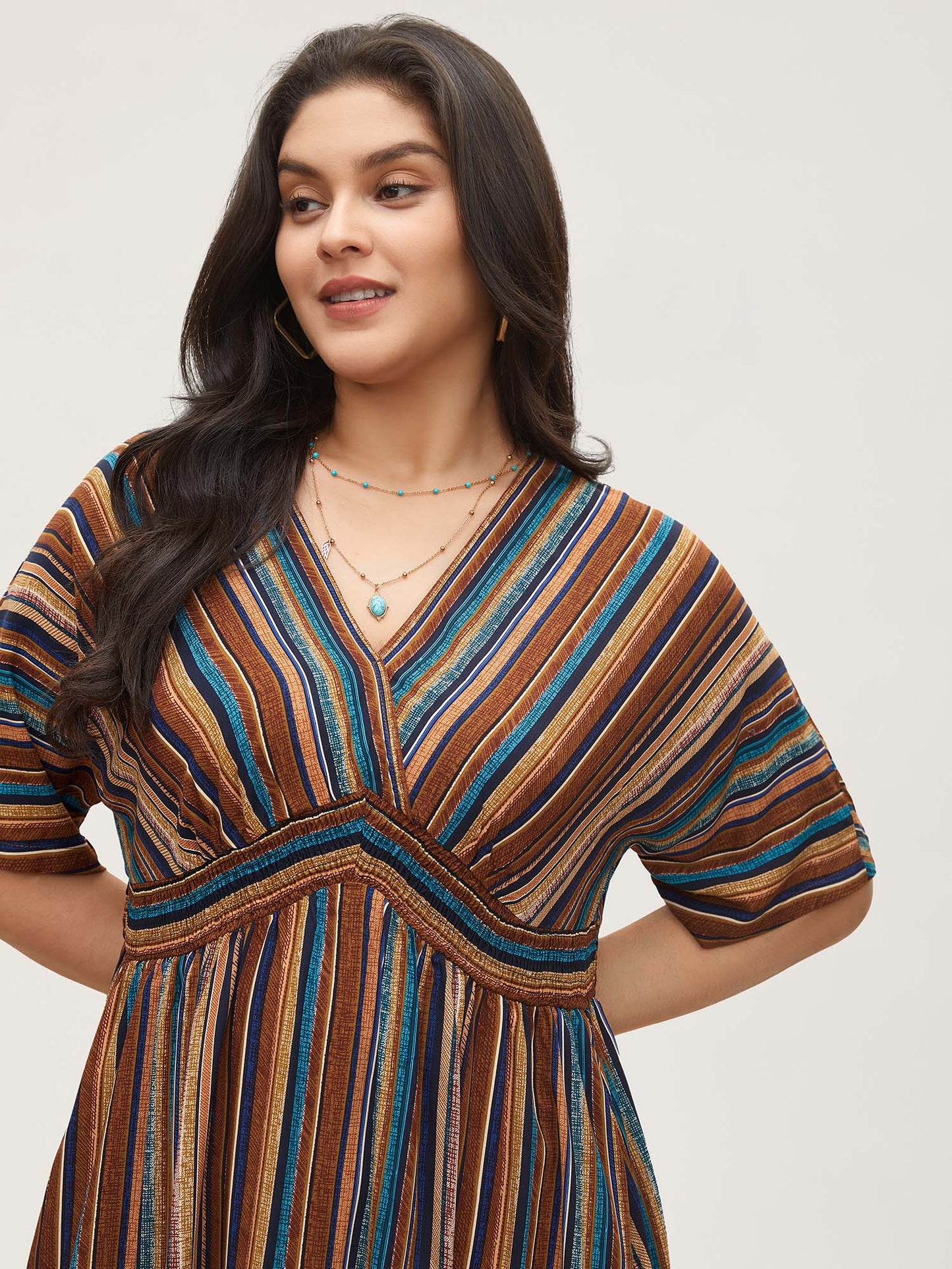Striped Contrast Dolman Sleeve Shirred Pocket Split Flutter Dress