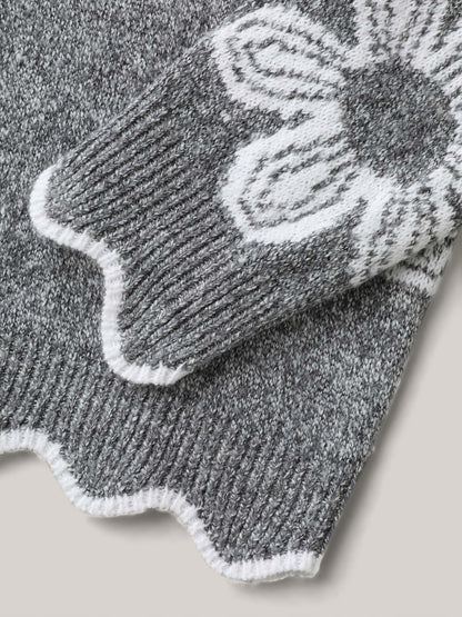 Floral Pattern Open-Front Knitted Cardigan