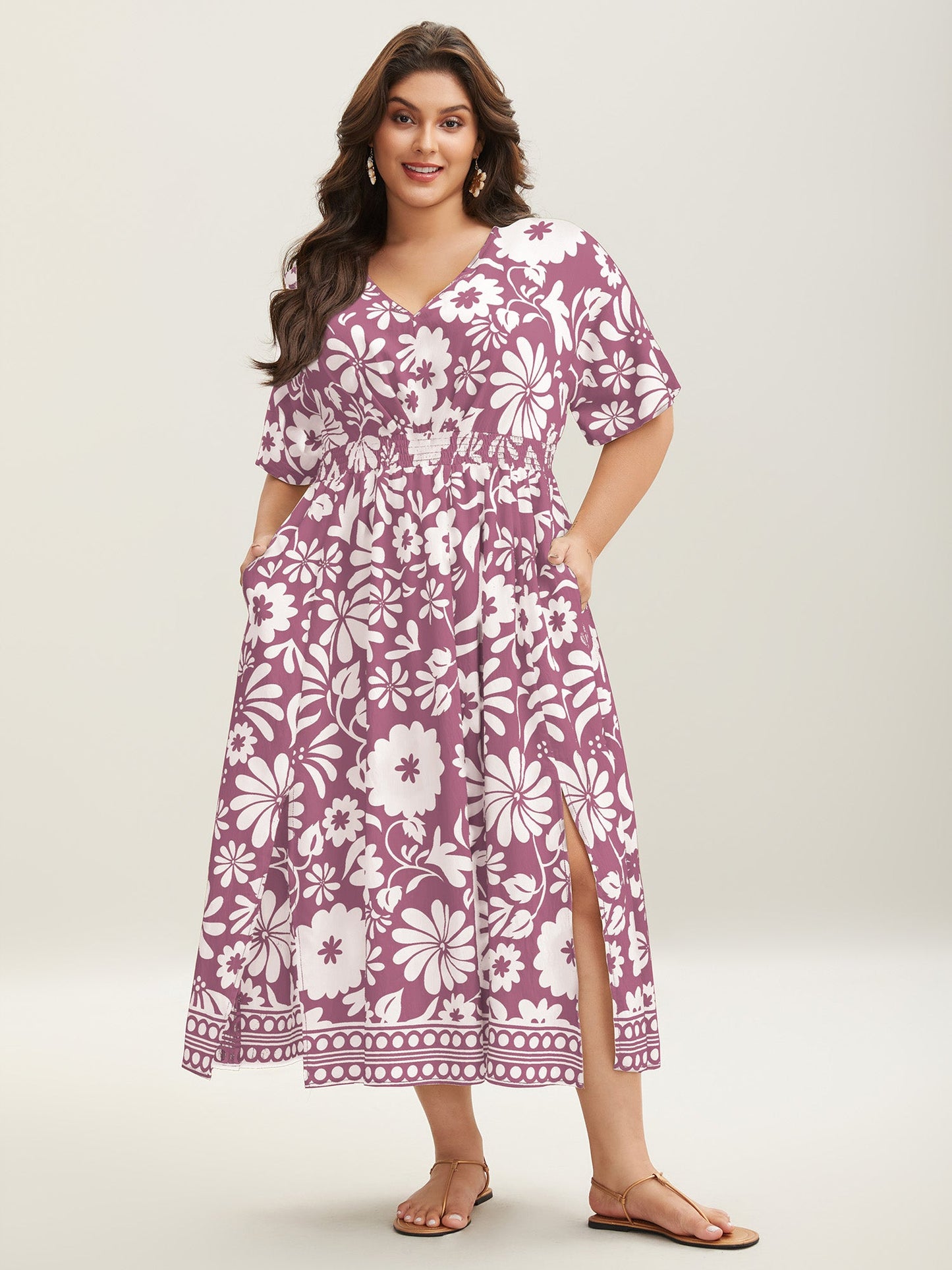 Large Floral Print Pockets Midi Dress