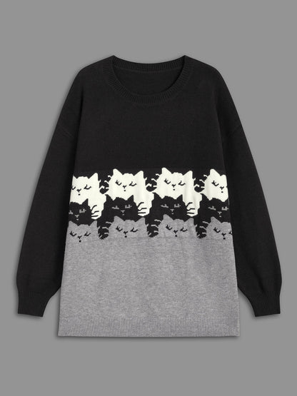 Cat Contrast Drop Shoulder Pullover