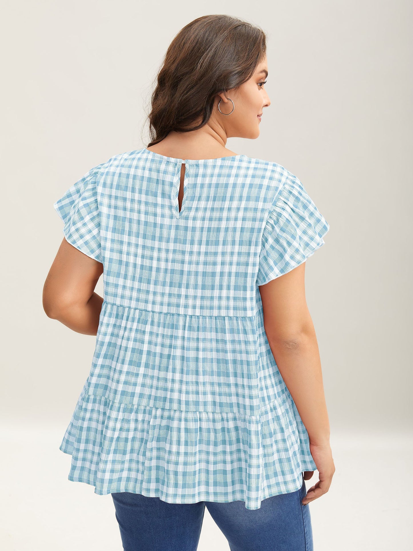 Plaid Print Textured Lotus Leaf Sleeve Shirt