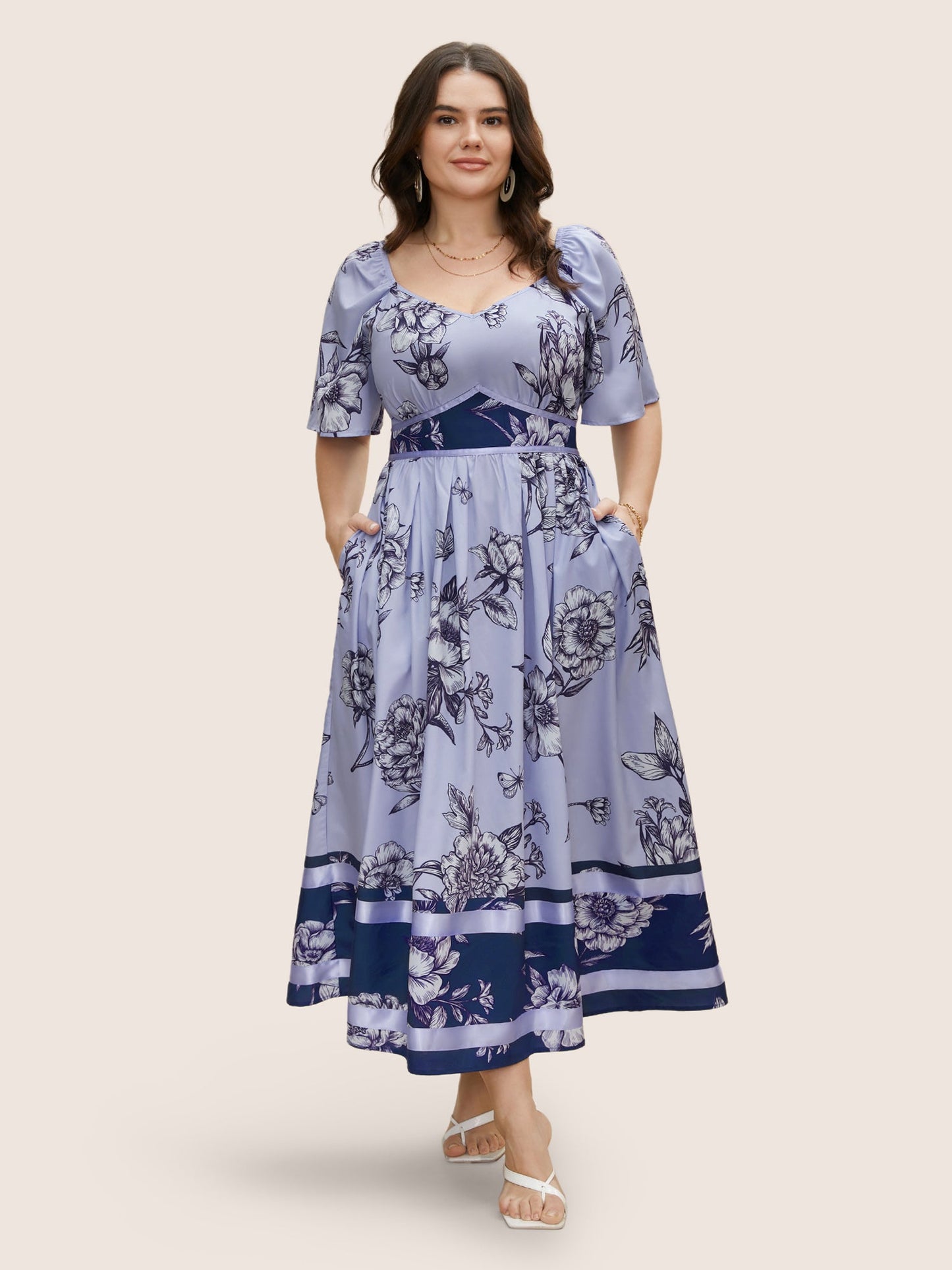 Boho Print Heart Neckline Ruffle Sleeve Maxi Dress