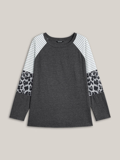 Mixed Leopard Print Raglan Sleeve T-Shirt