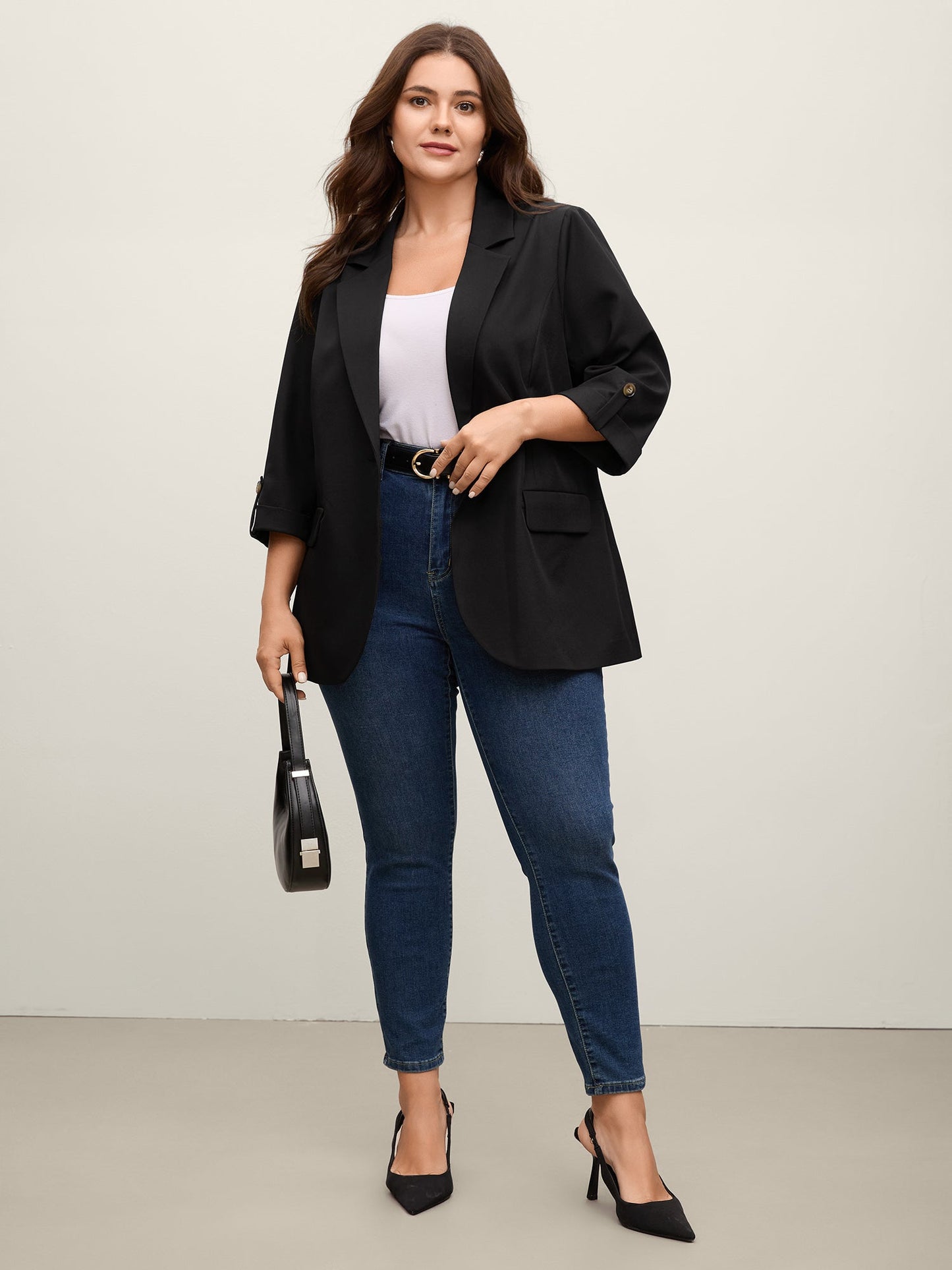 Tab Sleeve Pockets Solid Blazer