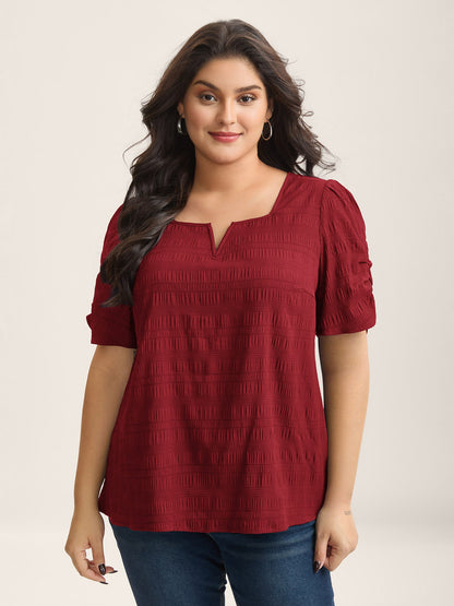 Textured Gathered Sleeve Split Neck Blouse