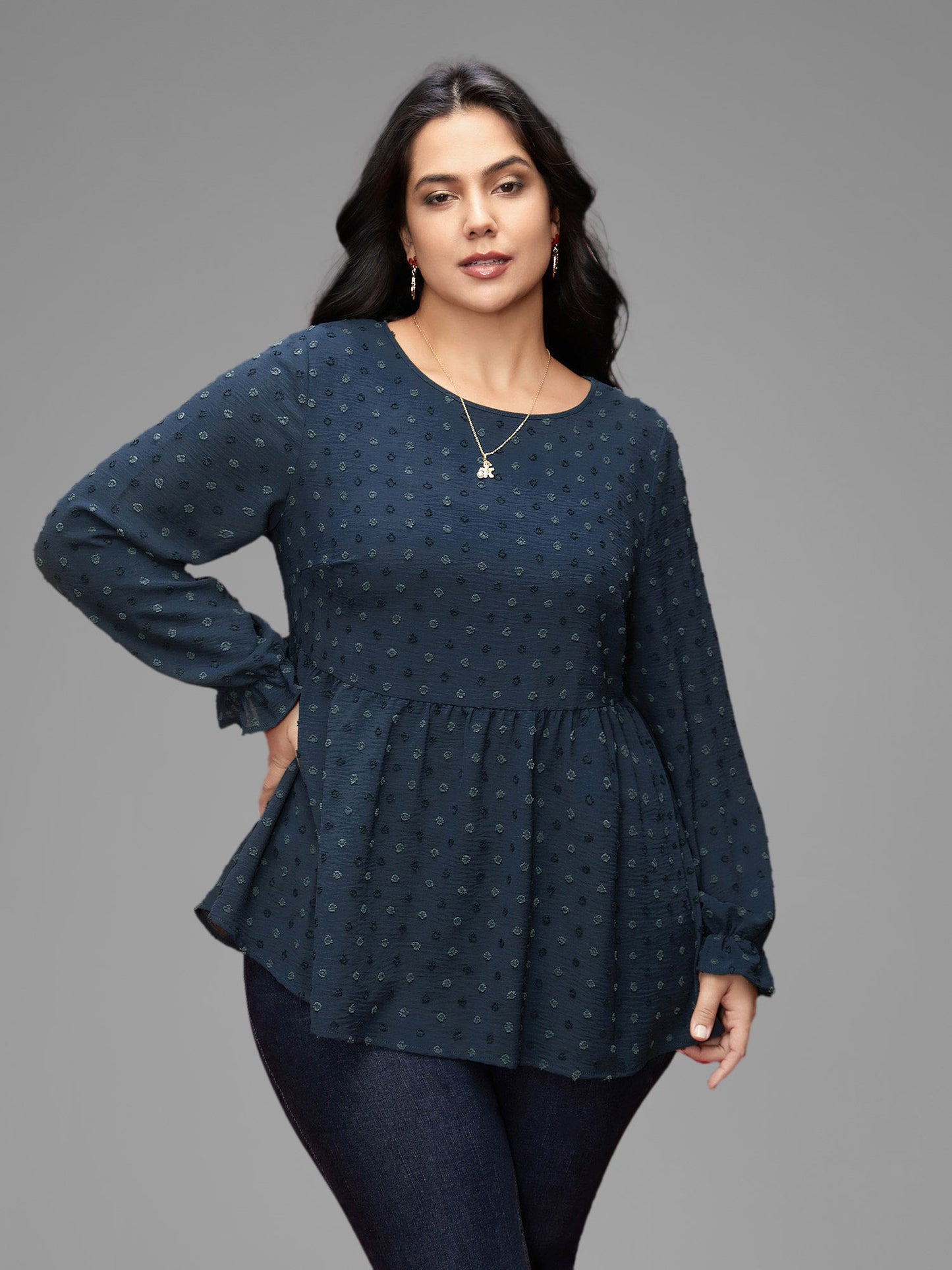 Textured Dot Elastic Cuffs A-line Blouse