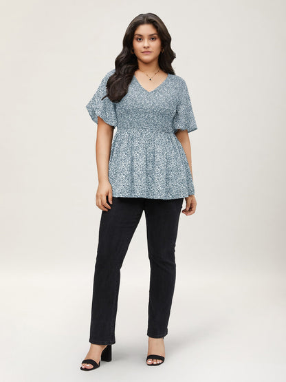 Ditsy Floral Shirred Ruffle Sleeve Elastic Waist Blouse