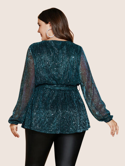 Sequin Mesh Lantern Sleeve Wrap Belted Striped Blouse