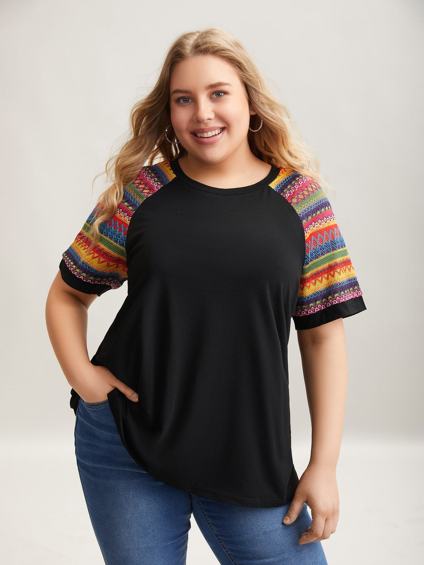 Multi-Color Striped Sleeve Spliced T-Shirt