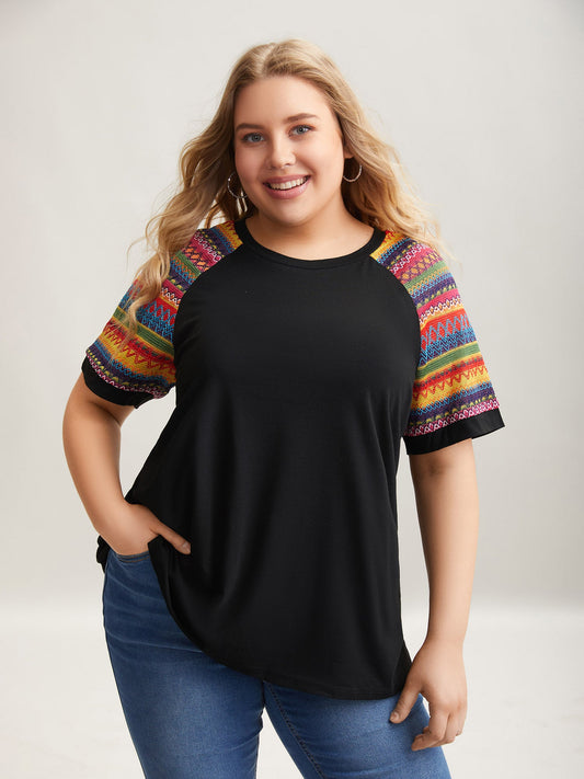 Multi-Color Striped Sleeve Spliced T-Shirt