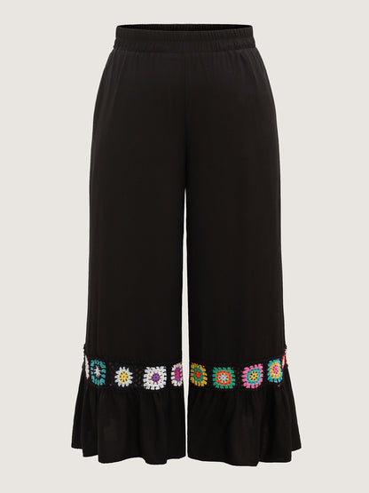 Stretchy Waist Crochet Floral Wide-Leg Pants
