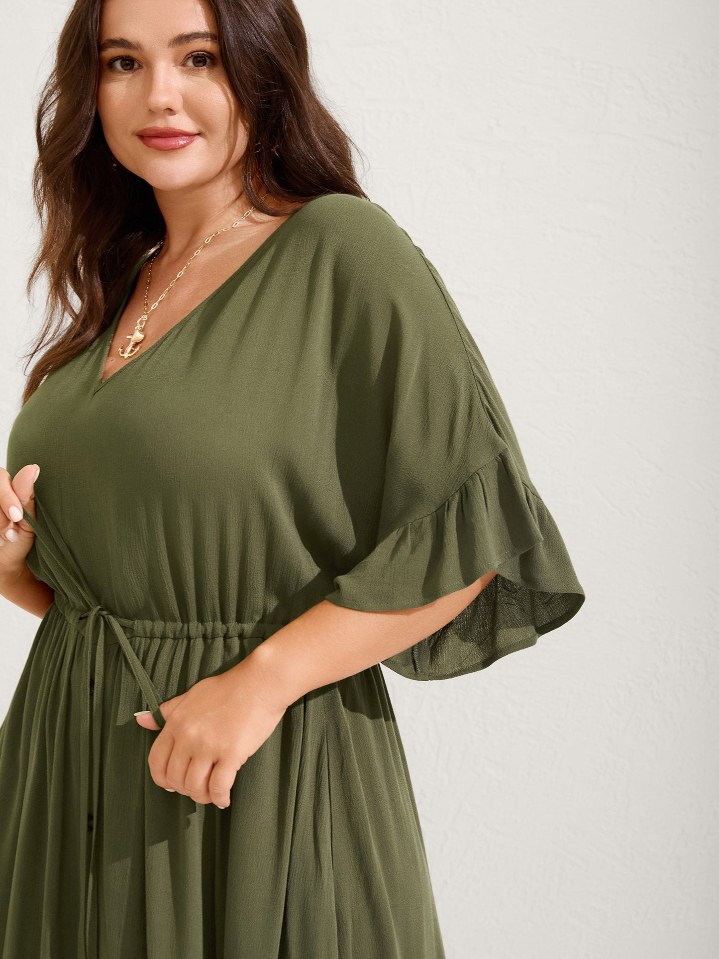 Waist-Defining Tie Ruffled Sleeve Midi Dress