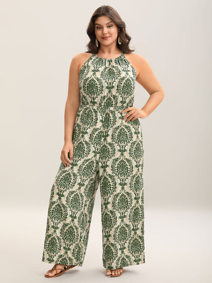 Rayon Damask Print Stretchy Waist Jumpsuit