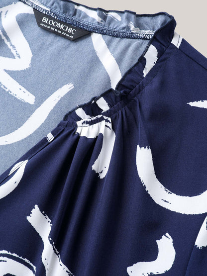 Scribble Print Ruffled Split Neck Blouse