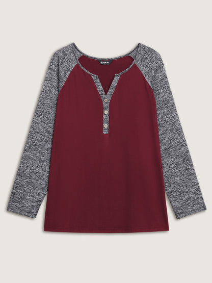 Heather Patchwork Button Detail Stretchy T-Shirt