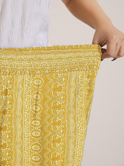 Boho Print Shirred Waist Wide-Leg Pants