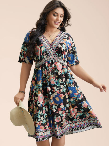Boho Print Shirred V-Neck Flared Midi Dress
