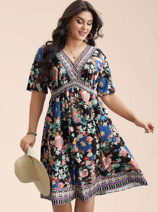Boho Print Shirred V-Neck Flared Midi Dress